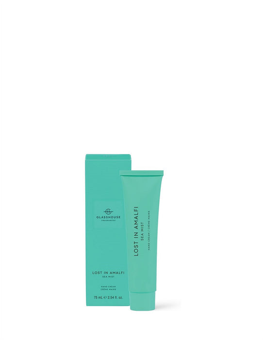 a tube of Lost in Amalfi Sea Mist hand cream and its packaging.