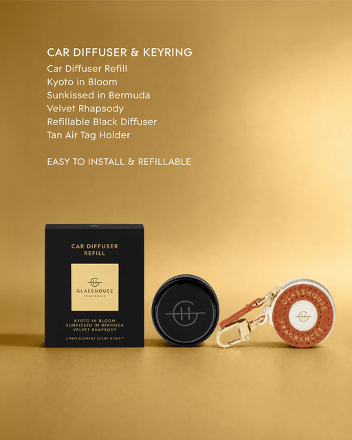 a car diffuser and a keyring, both with text and images. The car diffuser is a black box with a gold label, and the keyring is a round object with a brown leather strap. The text on the diffuser and keyring indicates that they are refillable and easy to install.