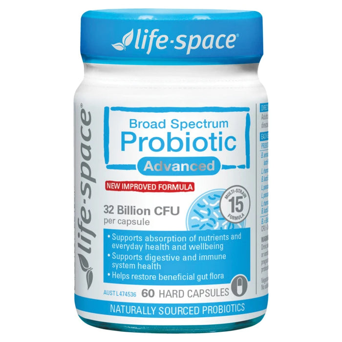 a bottle of Life-Space broad spectrum probiotic advanced, which is a product with a new improved formula.