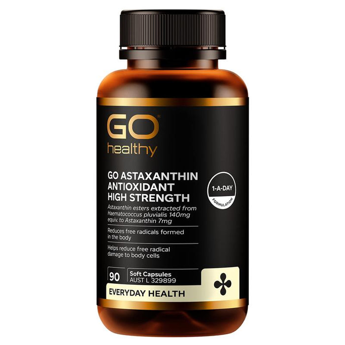 a bottle of GO healthy astaxanthin antioxidant supplement.