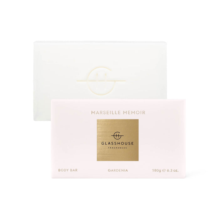 a white box with a gold label, which is a product packaging for a body bar called "Gardenia".