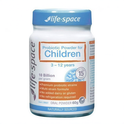 a bottle of Life-Space Probiotic Powder for Children, a product designed for children aged 3-12 years.