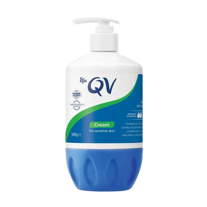 A bottle of QV Cream for sensitive skin, containing 500g.