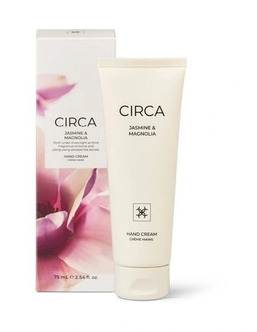 a product called "CIRCA JASMINE & MAGNOLIA HAND CREAM" and a tube of the same product.