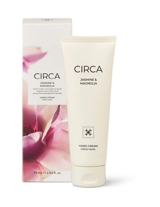 a product called "CIRCA JASMINE & MAGNOLIA HAND CREAM" and a tube of the same product.