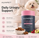 The image is an advertisement for a product called "AUINPET Daily Urinary Support" for cats and dogs. It features a close-up of a dog and a cat, along with a pink and black color scheme. The product is described as a "Natural ingredients" and "Made in Australia", and it is shown in a close-up shot. The product is also shown in a bowl of treats, highlighting its appeal to picky pets.