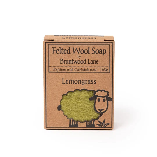 A cardboard box containing a product called "Feeted Wool Soap" by Bruntwood Lane, which is made with 100% pure carriondale wool. The product is designed to be used as a natural exfoliant.