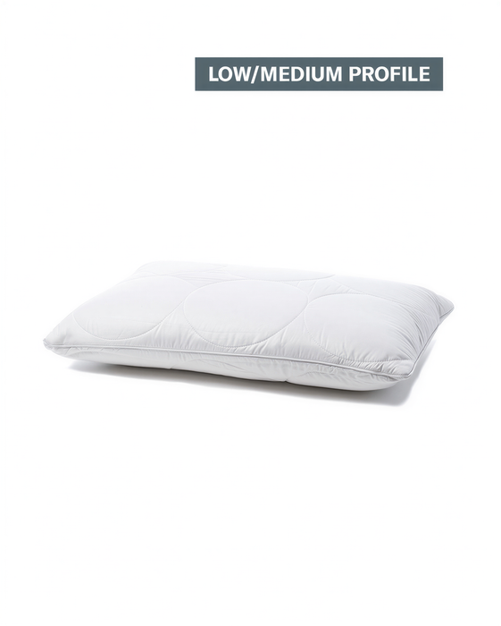 A single pillow with a low/medium profile design, featuring a white, quilted pattern.
