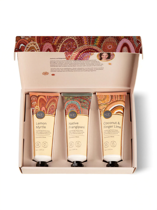 A set of three tubes of skincare products, each with a different scent, displayed in an open box.