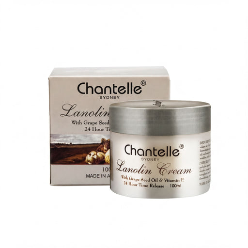 A Chanelle Sydney Lanolin Cream jar and its packaging are shown against a white background.