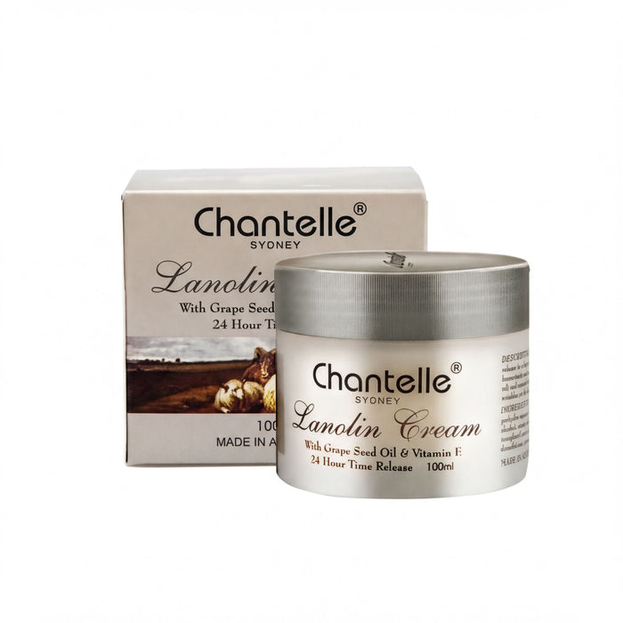 A Chanelle Sydney Lanolin Cream jar and its packaging are shown against a white background.