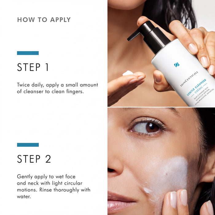 The image is a collage of two photos. The first photo shows a person applying a small amount of cleaner to their fingers, while the second photo shows a person applying the cleaner to their face.