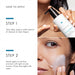 The image is a collage of two photos. The first photo shows a person applying a small amount of cleaner to their fingers, while the second photo shows a person applying the cleaner to their face.