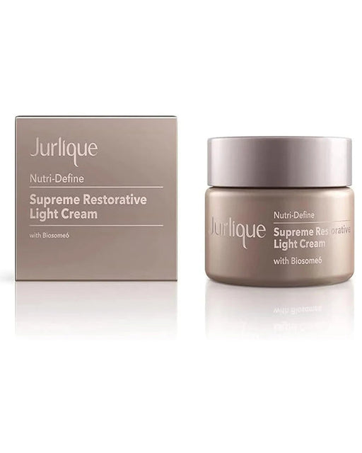 a jar of Jurlique Supreme Restorative Light Cream and its packaging, which is a beige-colored box.