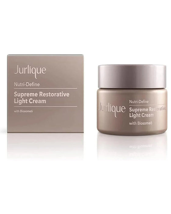 a jar of Jurlique Supreme Restorative Light Cream and its packaging, which is a beige-colored box.