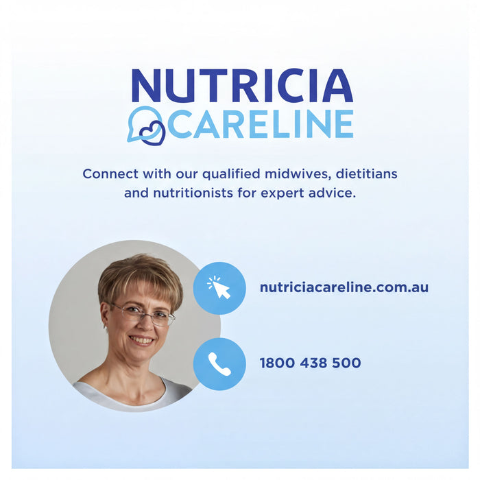 The image is a promotional graphic for a company called "Nutricia Careline". It features a woman's face in the center, along with contact information for the company.