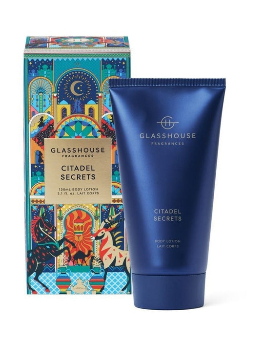 a blue tube of body lotion and a colorful box of Citadel Secrets body lotion from Glasshouse Fragrances.