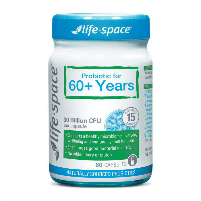 a bottle of Life-Space Probiotic capsules for 60+ years, with a blue and white color scheme.