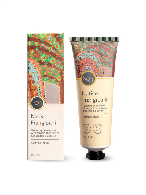 two bottles of Koh Native Frangipani hand cream, one standing upright and the other lying down.