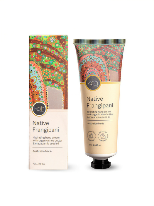 two bottles of Koh Native Frangipani hand cream, one standing upright and the other lying down.