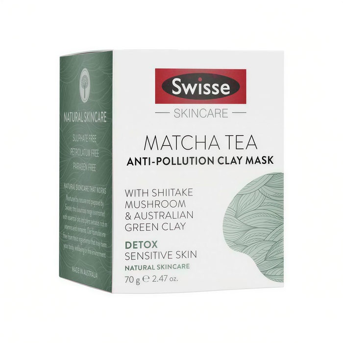 The image is a box of Swiss Skincare products, specifically a Matcha Tea Anti-Pollution Clay Mask.