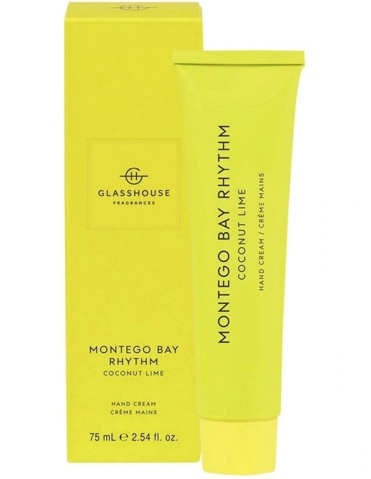 a tube of MONTEGO BAY RHYTHM hand cream from the MONTEGO BAY RHYTHM line, along with its packaging.