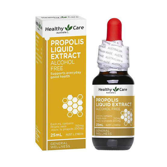 a bottle of Propolis Liquid Extract and its packaging, both labeled as "Healthy Care".