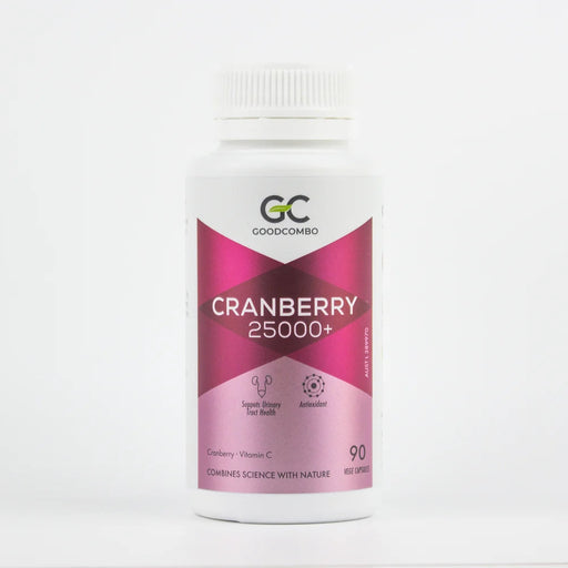 A bottle of cranberry supplement with a white cap and a pink label.