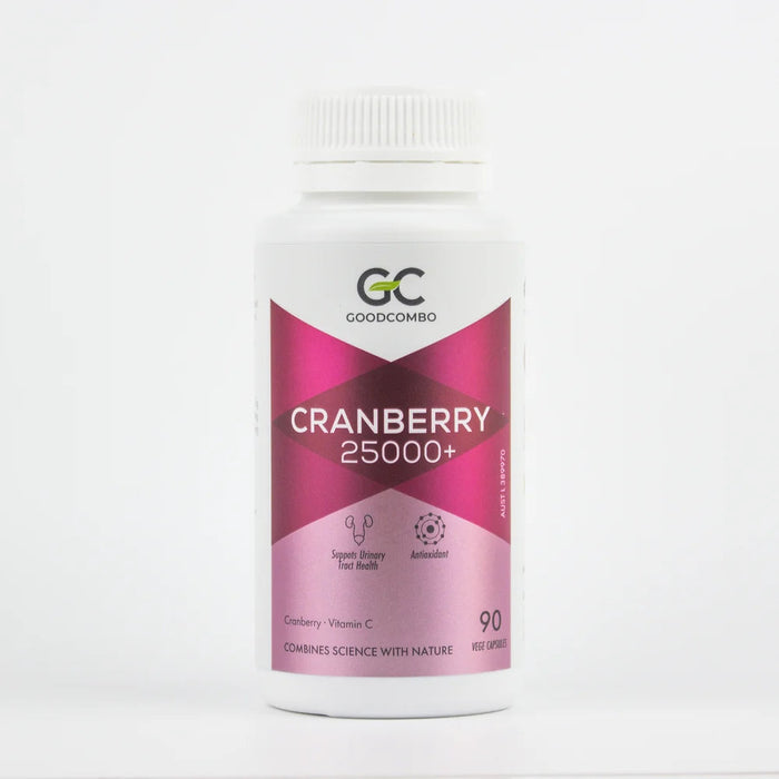 A bottle of cranberry supplement with a white cap and a pink label.