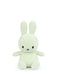 A light green plush bunny toy with black eyes and mouth.