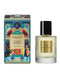 a perfume bottle and its packaging. The perfume bottle is a clear glass bottle with a black cap, and the packaging is a colorful box with a gold and black design.