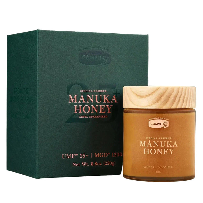 a jar of Manuka Honey next to its green box, which is labeled as a special reserve product.
