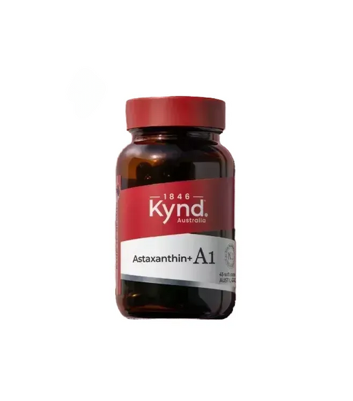 A bottle of Astaxanthin A1 supplement against a pink background.