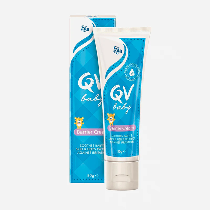 a tube of QV baby Barrier Cream and its packaging, which is blue and white in color.