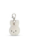 A white plush rabbit charm with a silver metal clasp attached to it.