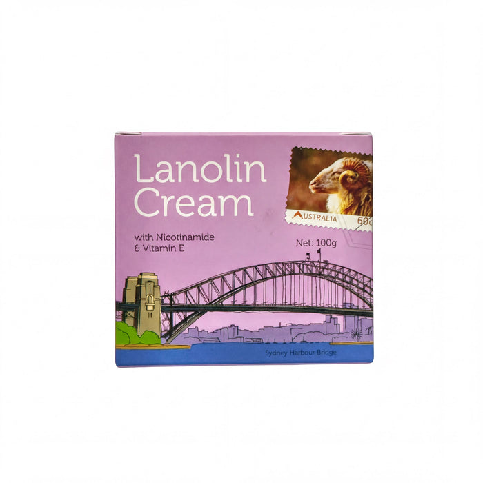 The image is a product packaging for Lanolin Cream, which is a 100g product. The packaging features an illustration of a bridge and a sheep, along with the text "Lanolin Cream with Nicotinamide & Vitamin E".