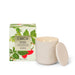 a white ceramic candle with a lid and a box with a raspberry and rhubarb design, both placed on a white background.