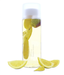 A clear glass bottle filled with a yellow liquid, containing sliced lemons and a green apple floating in it.