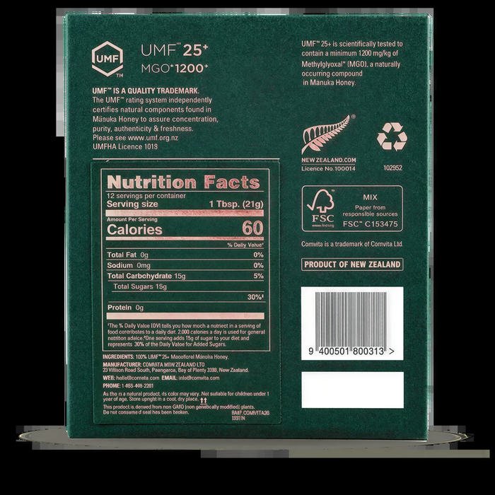 The image is a green label for a product, likely a honey or sugar product, with nutritional information and a barcode.