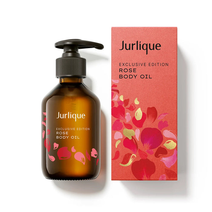 a bottle of Jurlique exclusive edition rose body oil and its packaging.