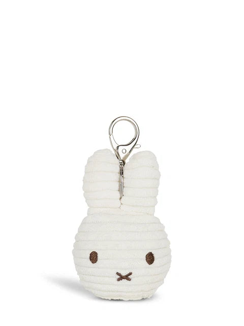A white plush rabbit keychain with a silver metal clasp.
