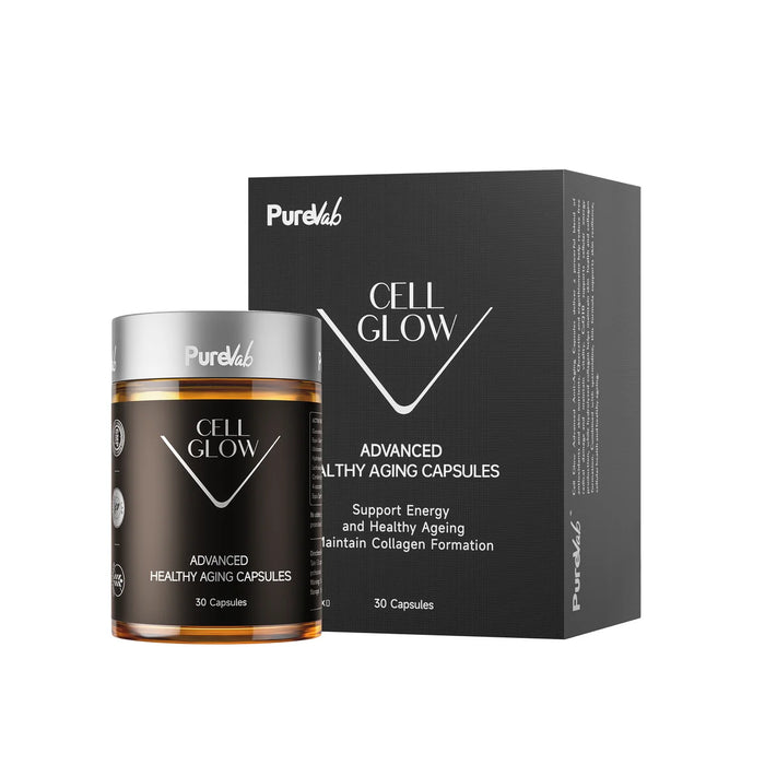 a bottle of Cell Glow, a product designed to support healthy aging, and its packaging box.