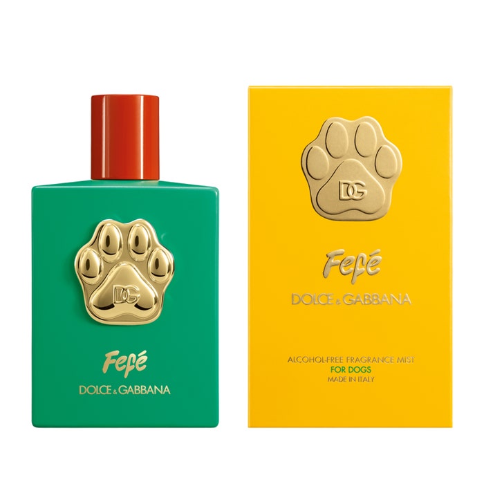 two bottles of Fefe perfume by Dolce & Gabbana, with a green bottle on the left and a yellow bottle on the right. Both bottles have a gold paw print design and the brand name "Fefe" prominently displayed.