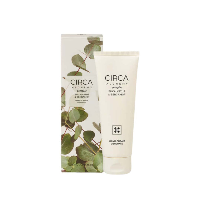 a product from the brand 'CIRCA ALCHEMY' that is a hand cream. The product is a tube of hand cream and its packaging, which is a box with a leafy design.