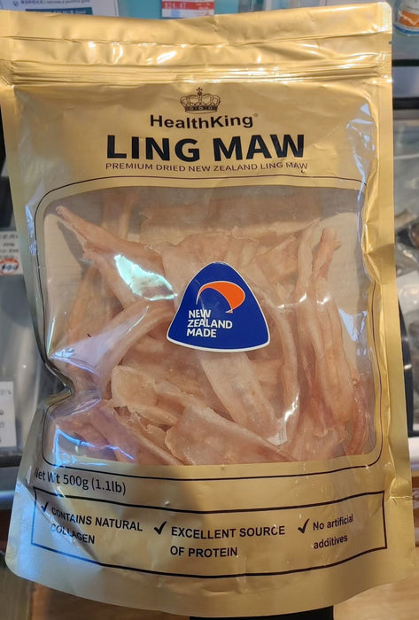 A package of HealthKing Ling Maw, a New Zealand dried meat product, with a label indicating it is a 500g (1.1 lb) product.