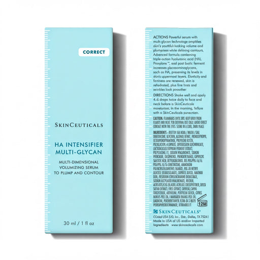 a product box for a skincare product called "HA Intensifier Multi- Glycan Volumeizing Serum" from SkinCuticals. The box is blue and has a white label with text.