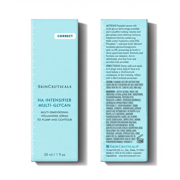 a product box for a skincare product called "HA Intensifier Multi- Glycan Volumeizing Serum" from SkinCuticals. The box is blue and has a white label with text.