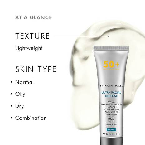 The image is a promotional image for a sunscreen product from SkinCeuticals. It features a tube of sunscreen with a white background and a blurred image of a person's face. The image includes text that describes the product's features, such as its lightweight texture, 50+ SPF, and its suitability for various skin types.