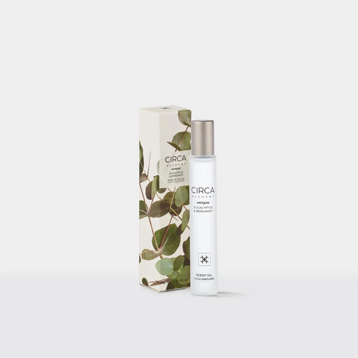 a bottle of CIRCA perfume and its packaging, which is decorated with a leafy green design.