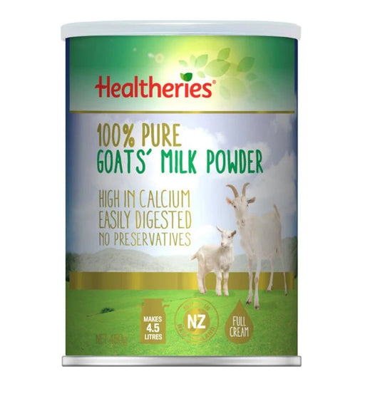 a can of goat's milk powder with a label that includes text and images.